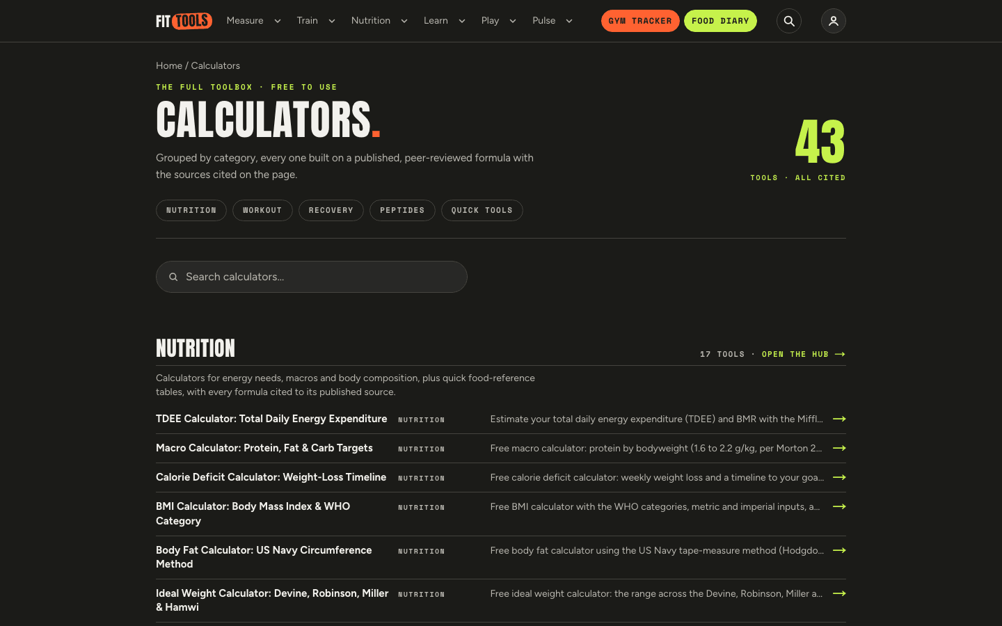 FitTools calculators index showing 43 tools grouped by category, each with a short description