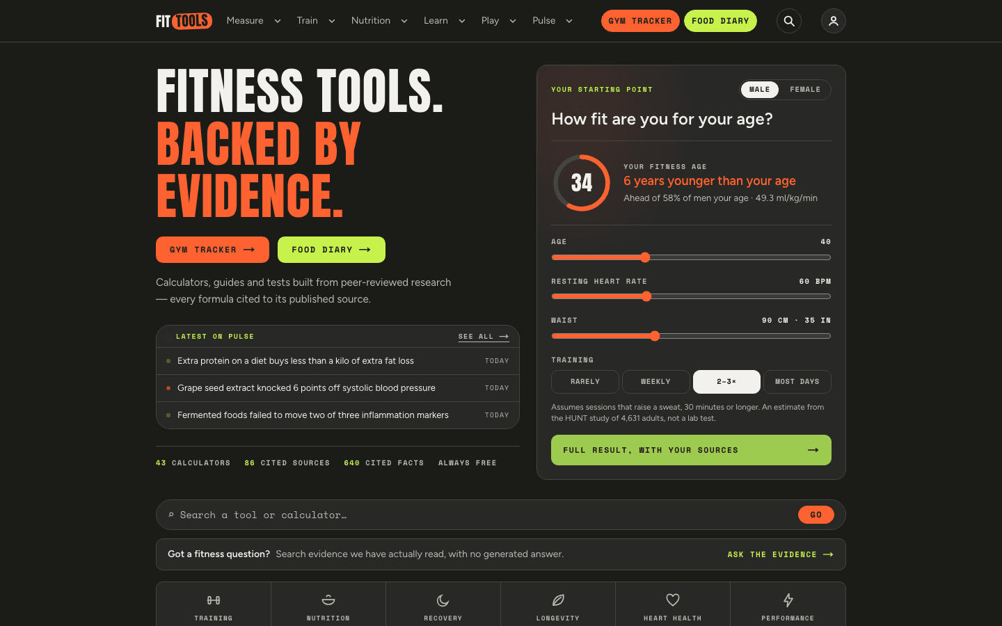 FitTools homepage: the headline Fitness tools, backed by evidence, beside an interactive fitness age calculator